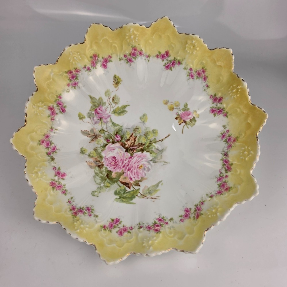 Antique Austria STAR Porcelain Bowl Yellow Rose Scalloped‎ Embossed Gold Gilt